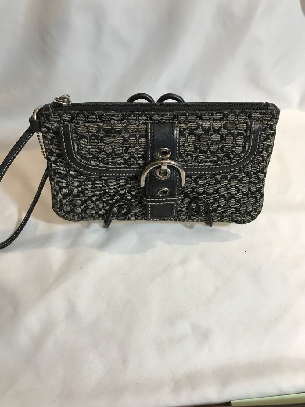 Coach Soho Signature C Monogram Buckle Black Canvas Wristlet EUC